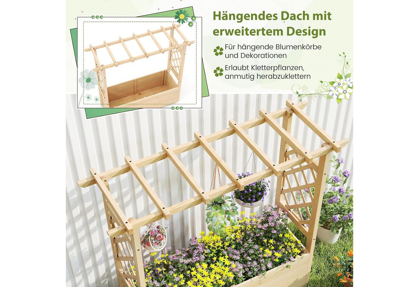KOMFOTTEU Blumenkasten, Pflanzkasten mit Rankgitter, hängendem Dach & Ablauflöchern Bild 3
