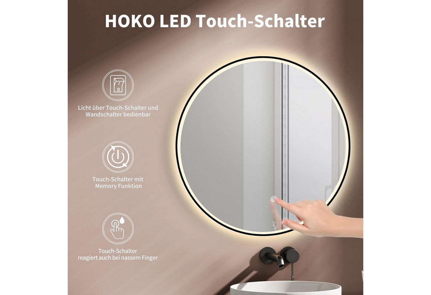 HOKO Badspiegel rund mit LED Beleuchtung und Memory Funktion (60 cm Wandspiegel mit schwarzem Aluminiumrahmen, mit Touch-Schalter und stufenlosem Farbwechsel von 2700 bis 6500 K), für Bad, Gäste-WC, Schminktisch, Flur und Ankleide, IP44, Helsinki