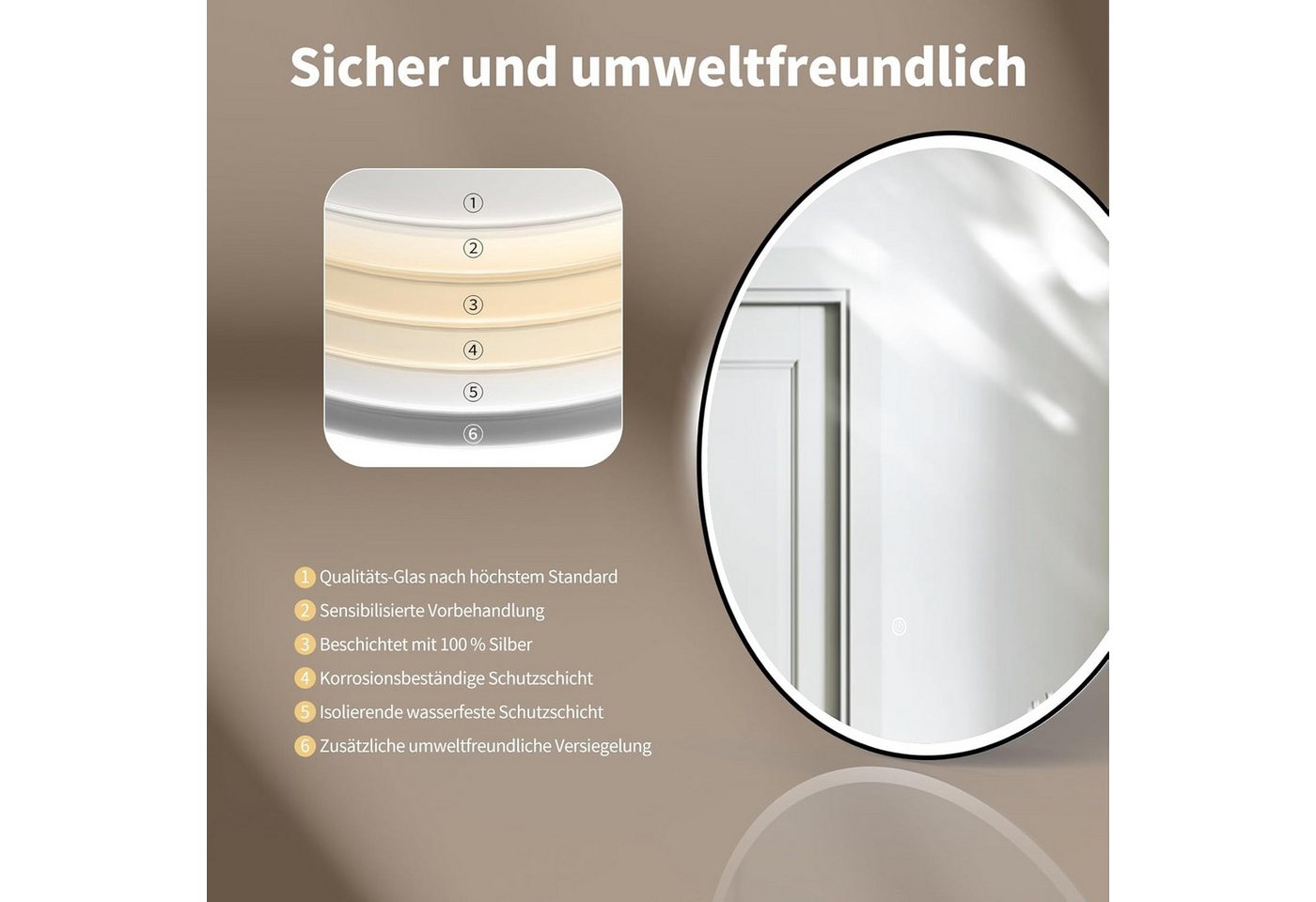 HOKO Badspiegel rund mit LED Beleuchtung und Memory Funktion (60 cm Wandspiegel mit schwarzem Aluminiumrahmen, mit Touch-Schalter und stufenlosem Farbwechsel von 2700 bis 6500 K), für Bad, Gäste-WC, Schminktisch, Flur und Ankleide, IP44, Helsinki Bild 2