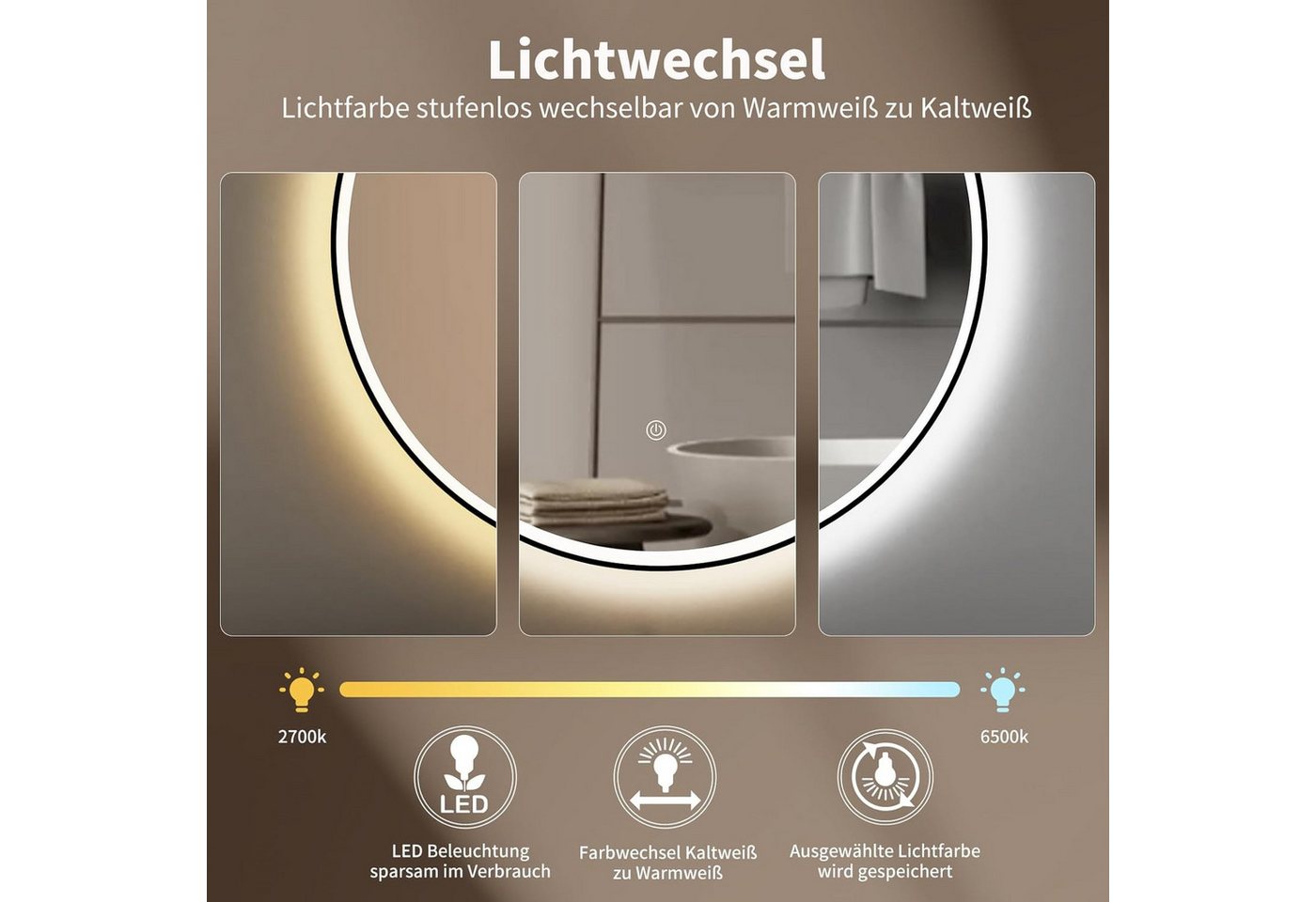 HOKO Badspiegel rund mit LED Beleuchtung und Memory Funktion (60 cm Wandspiegel mit schwarzem Aluminiumrahmen, mit Touch-Schalter und stufenlosem Farbwechsel von 2700 bis 6500 K), für Bad, Gäste-WC, Schminktisch, Flur und Ankleide, IP44, Helsinki Bild 3
