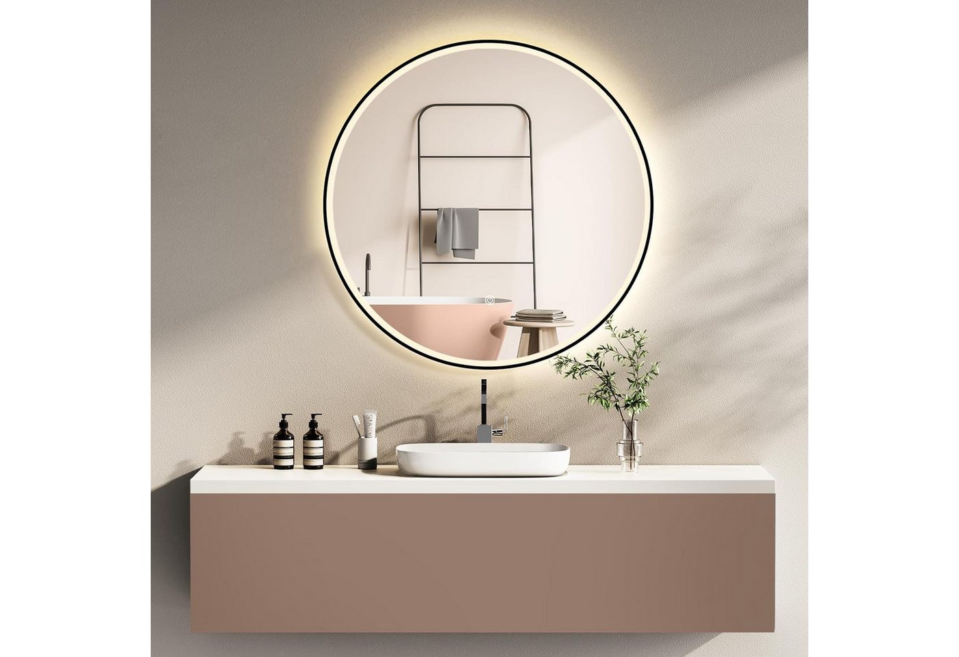 HOKO Badspiegel rund mit LED Beleuchtung und Memory Funktion (60 cm Wandspiegel mit schwarzem Aluminiumrahmen, mit Touch-Schalter und stufenlosem Farbwechsel von 2700 bis 6500 K), für Bad, Gäste-WC, Schminktisch, Flur und Ankleide, IP44, Helsinki Bild 5