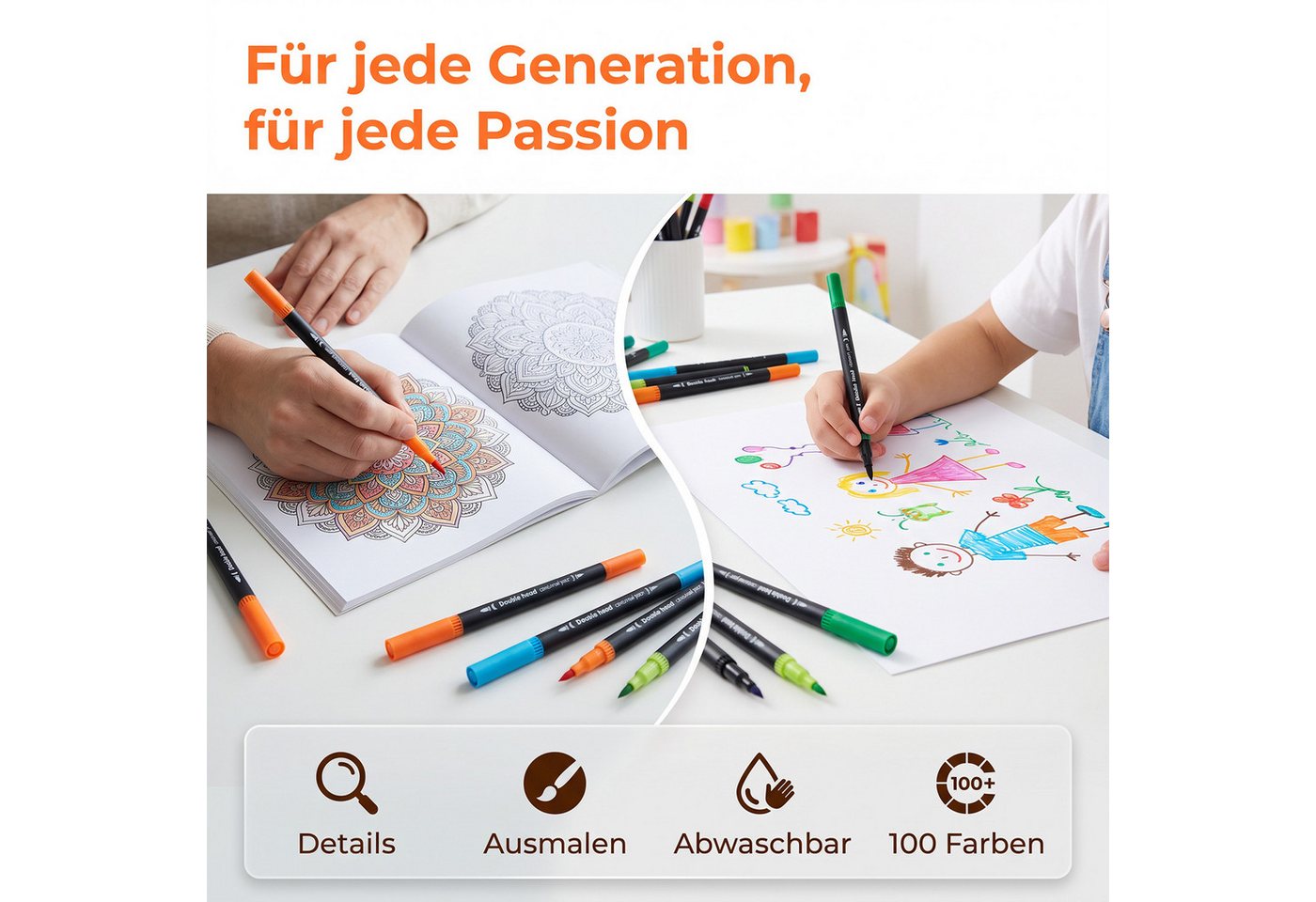 AKKEE Filzstift Marker Dicke und Dünne 100 Farben Fineliner, Dual Brush Pen Set, (100-tlg), Für Kinder Erwachsene, Fasermaler und Fineliner, Zeichnen DIY Bild 4
