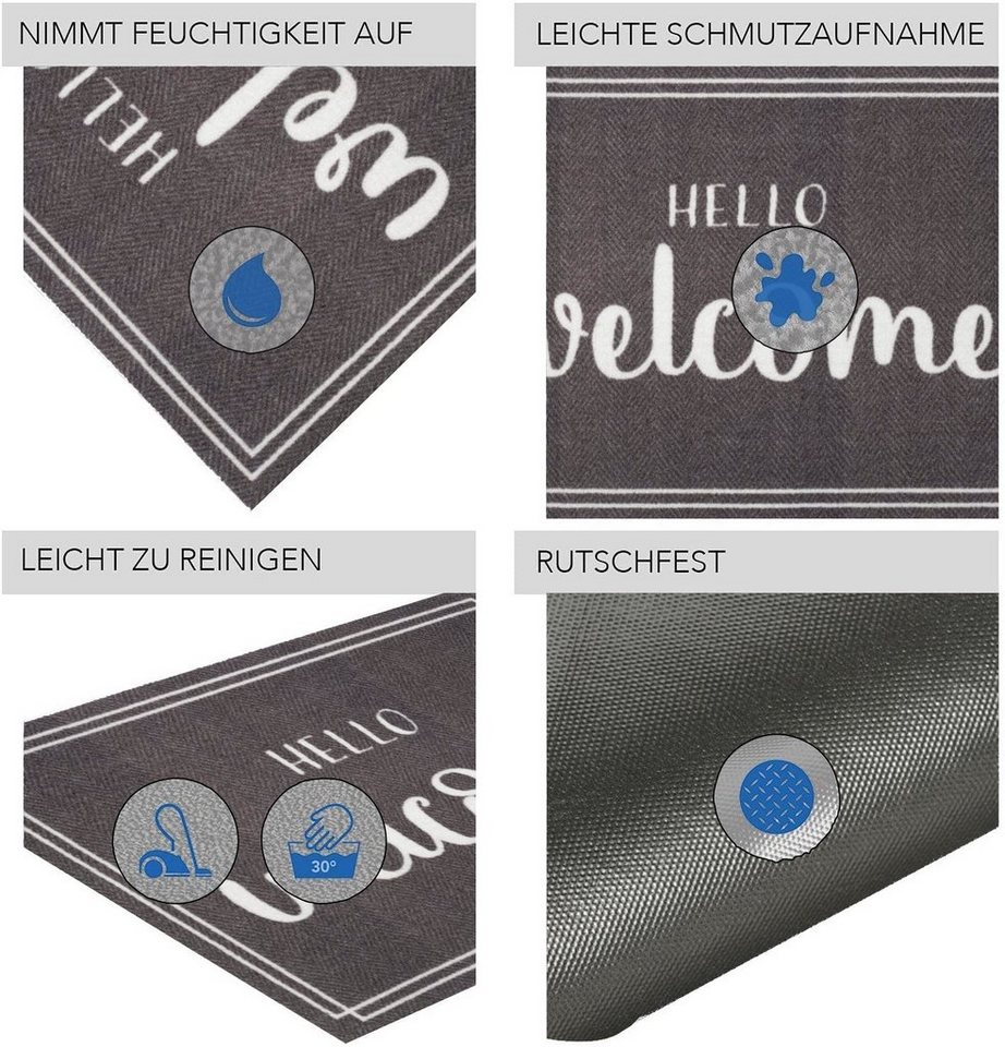 Entrando Fußmatte Schmutzfangmatte mit Welcome Muster - Fussmatte aus Polyamid, Rechteckig, Höhe: 15 mm, für innen und außen, waschbar bei 30 Grad, rutschfest, dünn