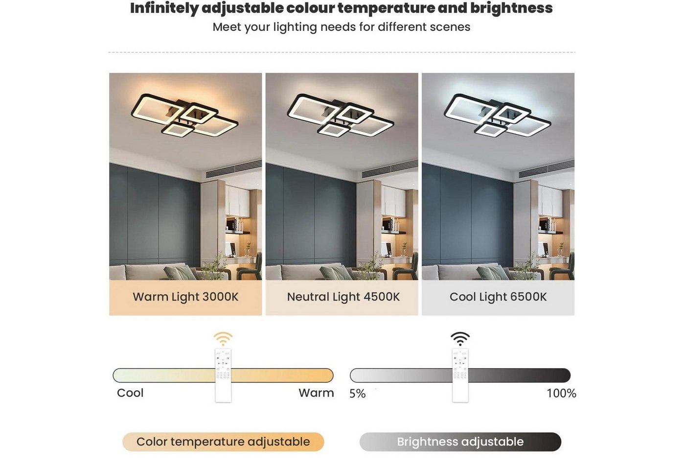 Riserva Deckenleuchten LED Deckenleuchte Schwarz 54W Stufenlos Dimmbar mit Fernbedienung, LED wechselbar Bild 2