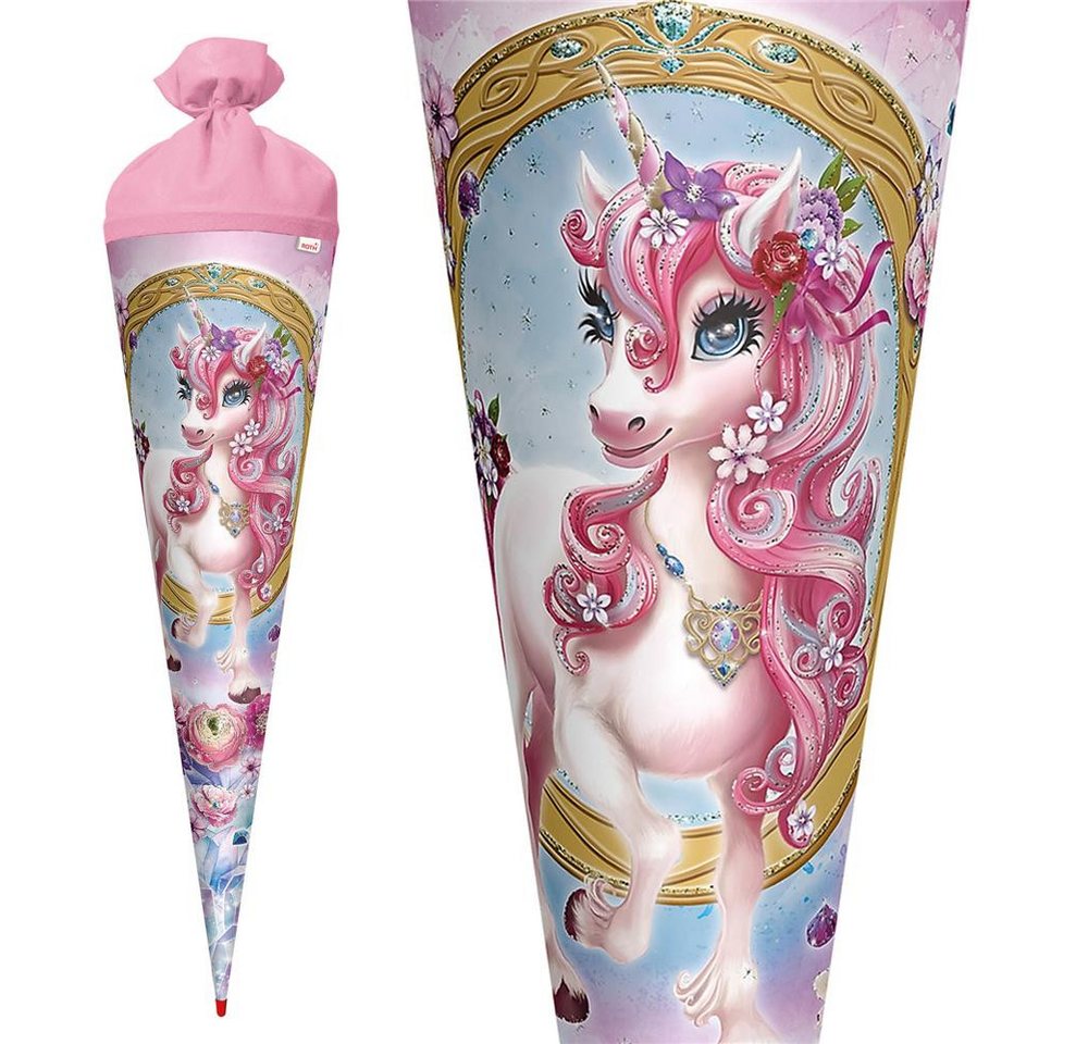 Roth Schultüte Einhorn Beauty mit Glittereffekt, 70cm, rund, mit Rot(h)-Spitze und rosafarbigem Filz