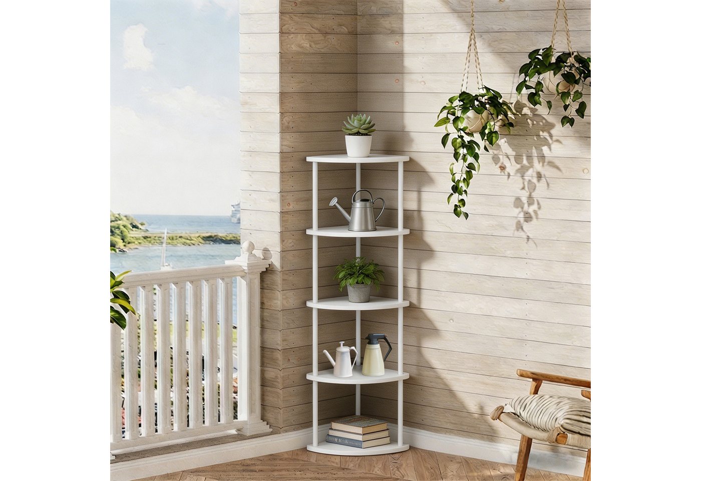 JEOBEST Eckregal Bücherregal mit 5 Ebenen, Aufbewahrungsregal, Pflanzenregal, H: 124cm, Industrial-Design, mit Stahlrahmen