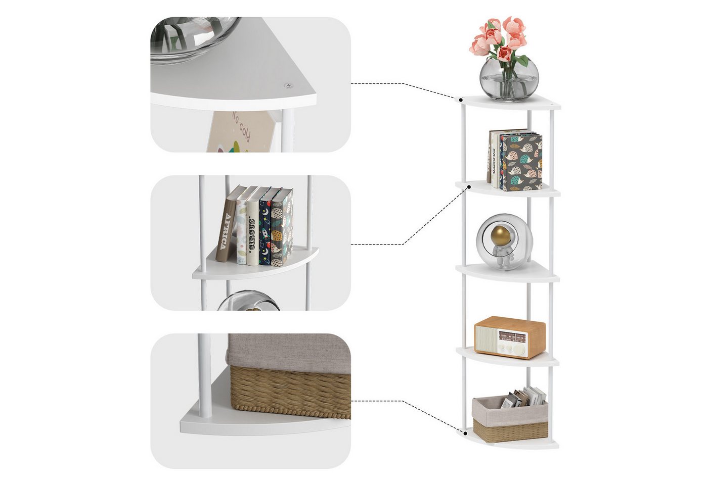 JEOBEST Eckregal Bücherregal mit 5 Ebenen, Aufbewahrungsregal, Pflanzenregal, H: 124cm, Industrial-Design, mit Stahlrahmen Bild 2