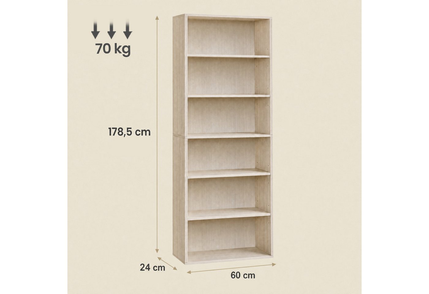 VASAGLE Bücherregal 178.5 cm, Standregal mit verstellbaren Ablagen, mit 6 Ebenen, offenes Aufbewahrungsregal, für Wohnzimmer