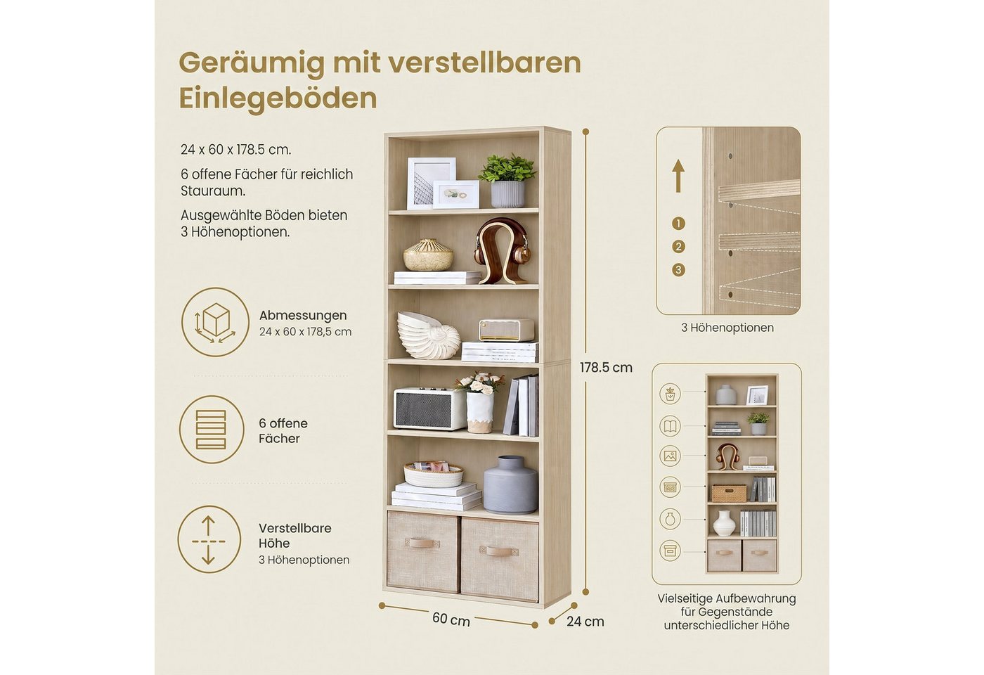 VASAGLE Bücherregal 178.5 cm, Standregal mit verstellbaren Ablagen, mit 6 Ebenen, offenes Aufbewahrungsregal, für Wohnzimmer Bild 3