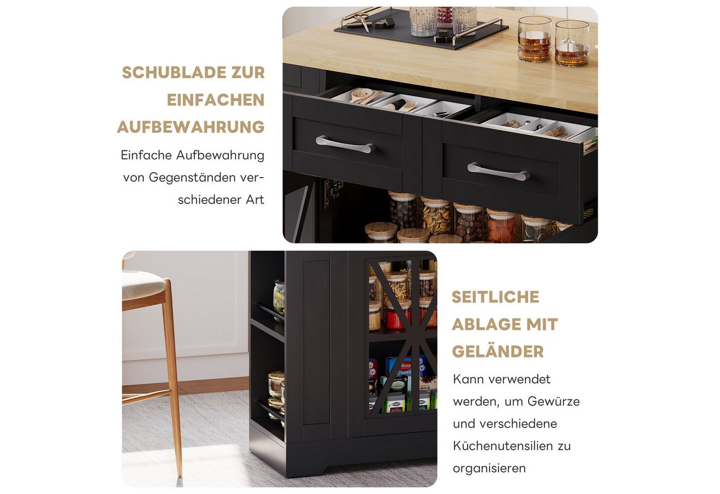 kowdom Kücheninsel Kücheninsel 120 cm klappbar USB AC Rollen weiß, klappbar, tragbar, AC-Steckdosen, 6 offene Regalböden, Glastüren