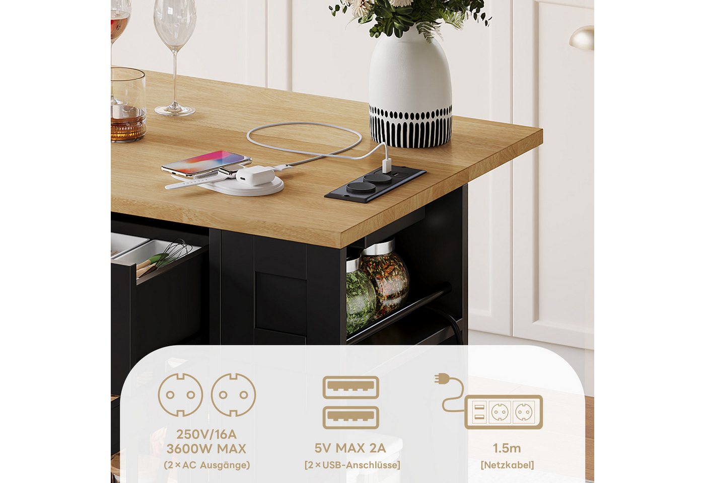kowdom Kücheninsel Kücheninsel 120 cm klappbar USB AC Rollen weiß, klappbar, tragbar, AC-Steckdosen, 6 offene Regalböden, Glastüren Bild 2