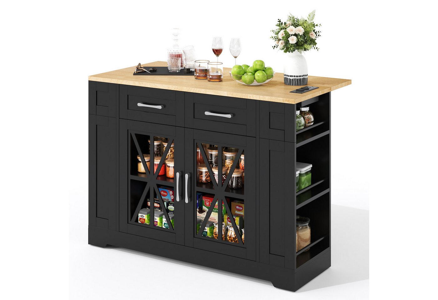 kowdom Kücheninsel Kücheninsel 120 cm klappbar USB AC Rollen weiß, klappbar, tragbar, AC-Steckdosen, 6 offene Regalböden, Glastüren Bild 3