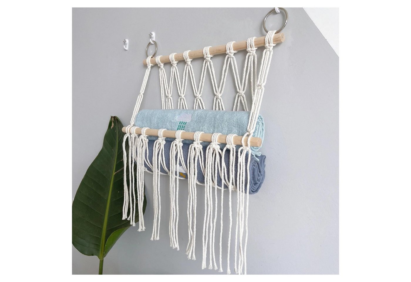 Diwzbyn Hängeregal Makramee-Dekoregal Handgewebtes Aufbewahrungsregal aus Baumwollseil, Minimalistischer Wandorganizer mit Netzfächern im Hängemattenstil Bild 2