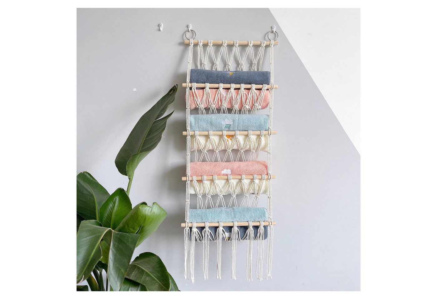 Diwzbyn Hängeregal Makramee-Dekoregal Handgewebtes Aufbewahrungsregal aus Baumwollseil, Minimalistischer Wandorganizer mit Netzfächern im Hängemattenstil Bild 3