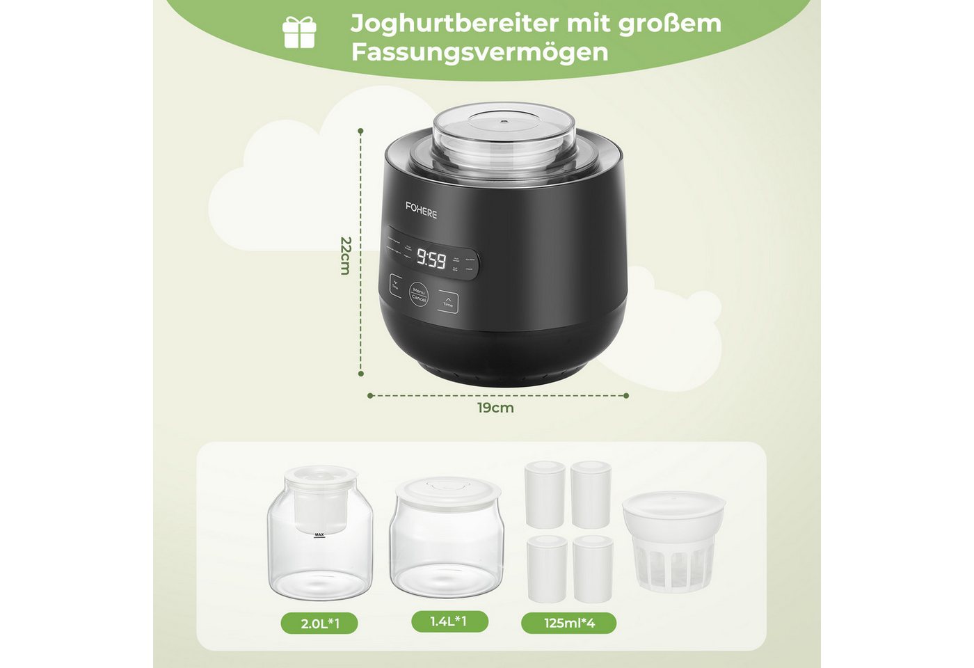 FOHERE Joghurtbereiter 2 Glasbehälter (2000 ml + 1400 ml), zur Herstellung von griechischem Joghurt, Käse, Natto und Reiswein