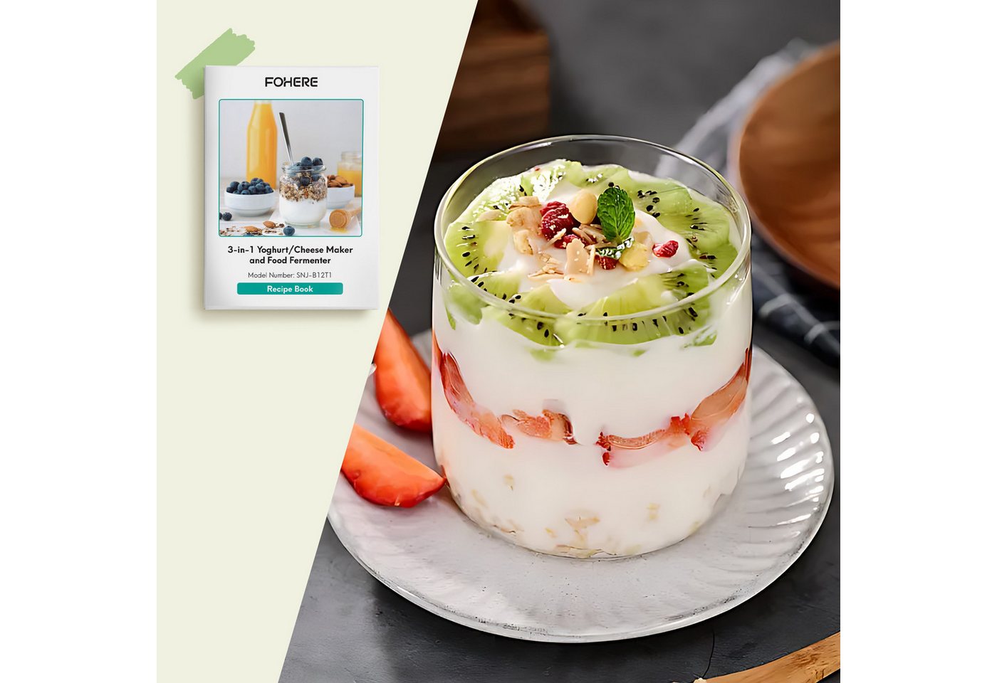 FOHERE Joghurtbereiter 2 Glasbehälter (2000 ml + 1400 ml), zur Herstellung von griechischem Joghurt, Käse, Natto und Reiswein Bild 2