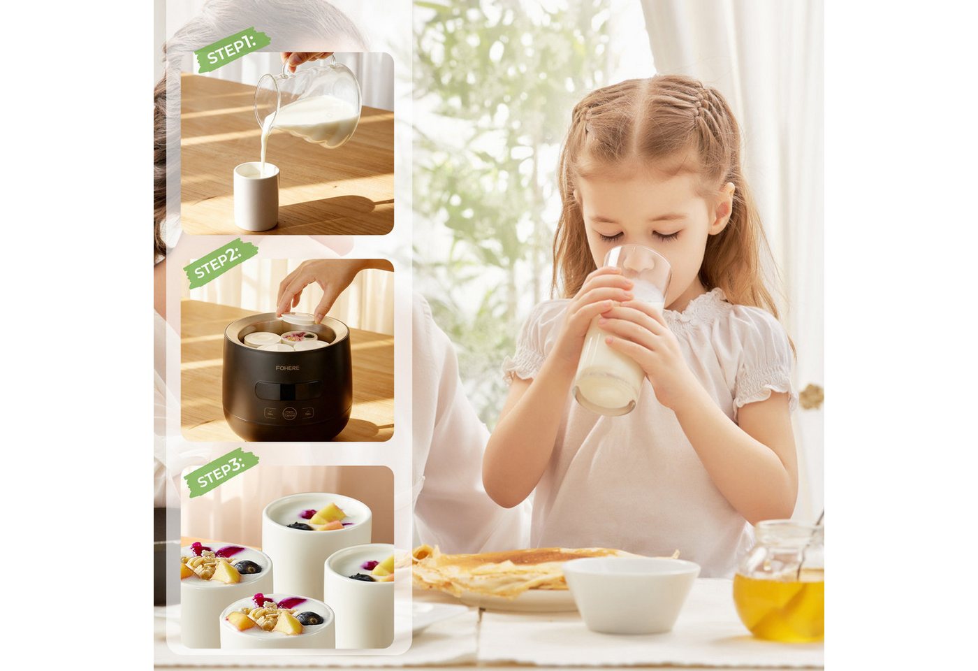 FOHERE Joghurtbereiter 2 Glasbehälter (2000 ml + 1400 ml), zur Herstellung von griechischem Joghurt, Käse, Natto und Reiswein Bild 5