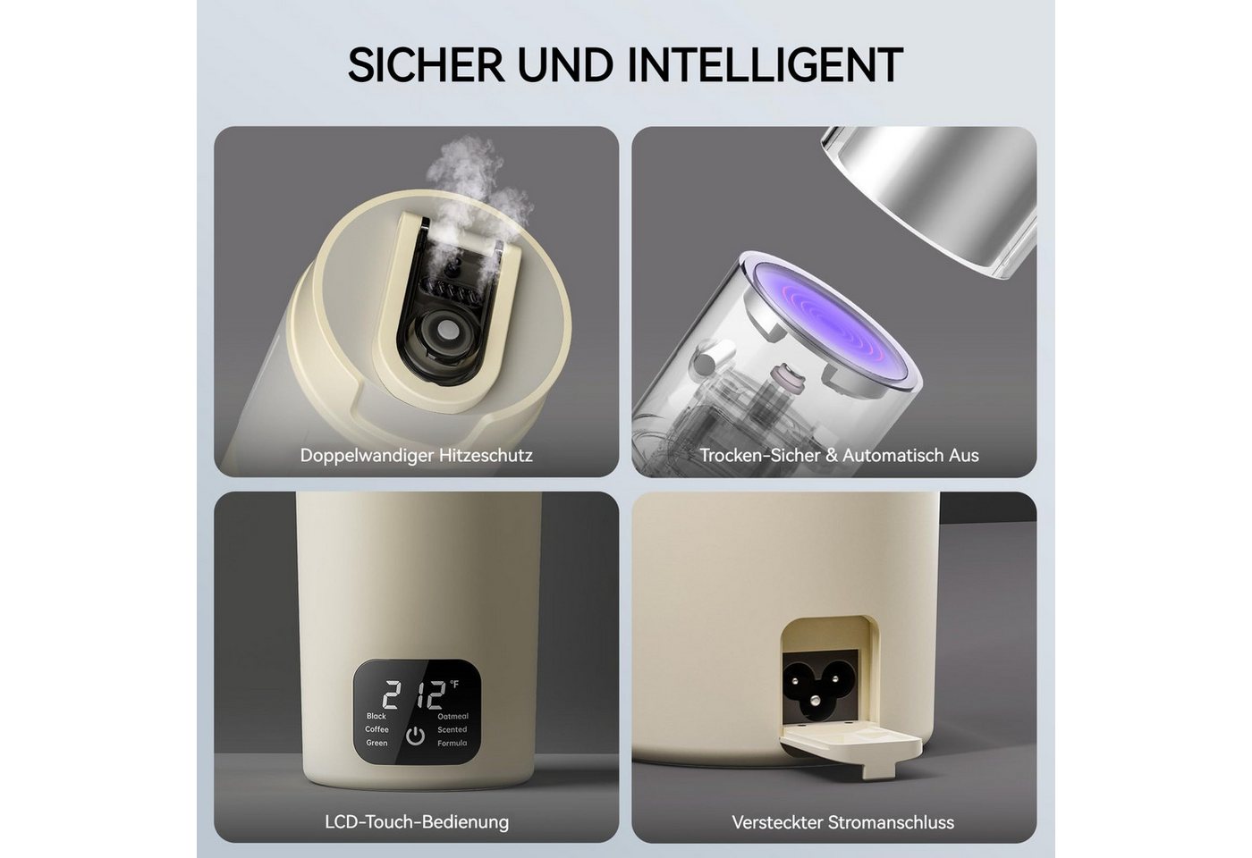 Tekoo Wasserkocher Tragbarer Reise-Wasserkocher 316 Edelstahl 550ml, 360 W, Tragbar für Reisen, Warmhaltefunktion über Powerbank Bild 2