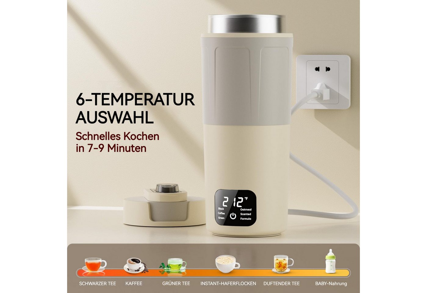 Tekoo Wasserkocher Tragbarer Reise-Wasserkocher 316 Edelstahl 550ml, 360 W, Tragbar für Reisen, Warmhaltefunktion über Powerbank Bild 3