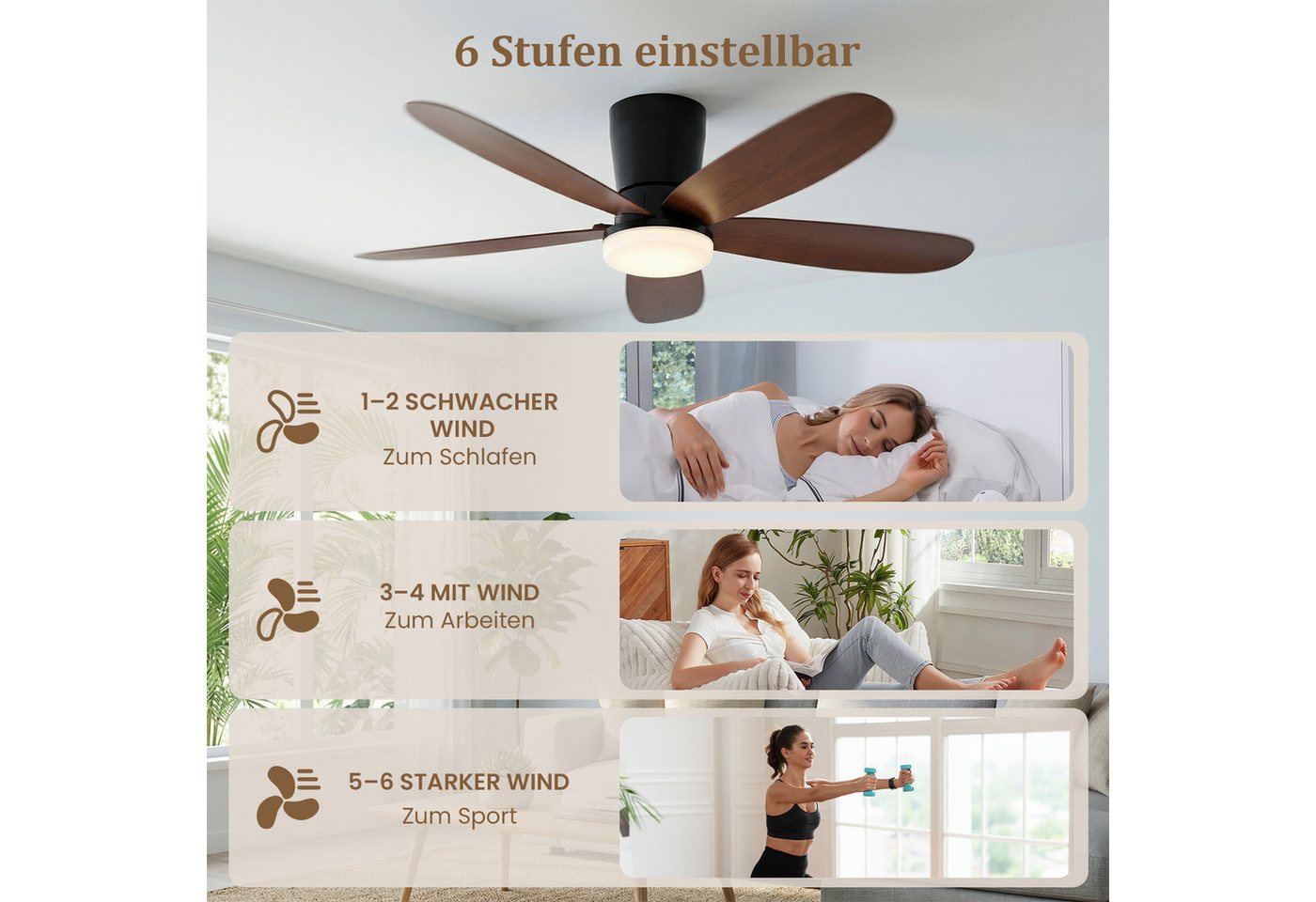 Rosnek Deckenventilator mit Beleuchtung, leiser DC-Motor, Fernbedienung & APP, reversibel, 106 cm, dimmbare LED mit 3 Lichtfarben, 6 Windstufen, für Schlafzimmer