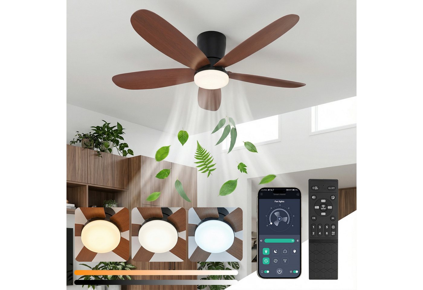 Rosnek Deckenventilator mit Beleuchtung, leiser DC-Motor, Fernbedienung & APP, reversibel, 106 cm, dimmbare LED mit 3 Lichtfarben, 6 Windstufen, für Schlafzimmer Bild 2