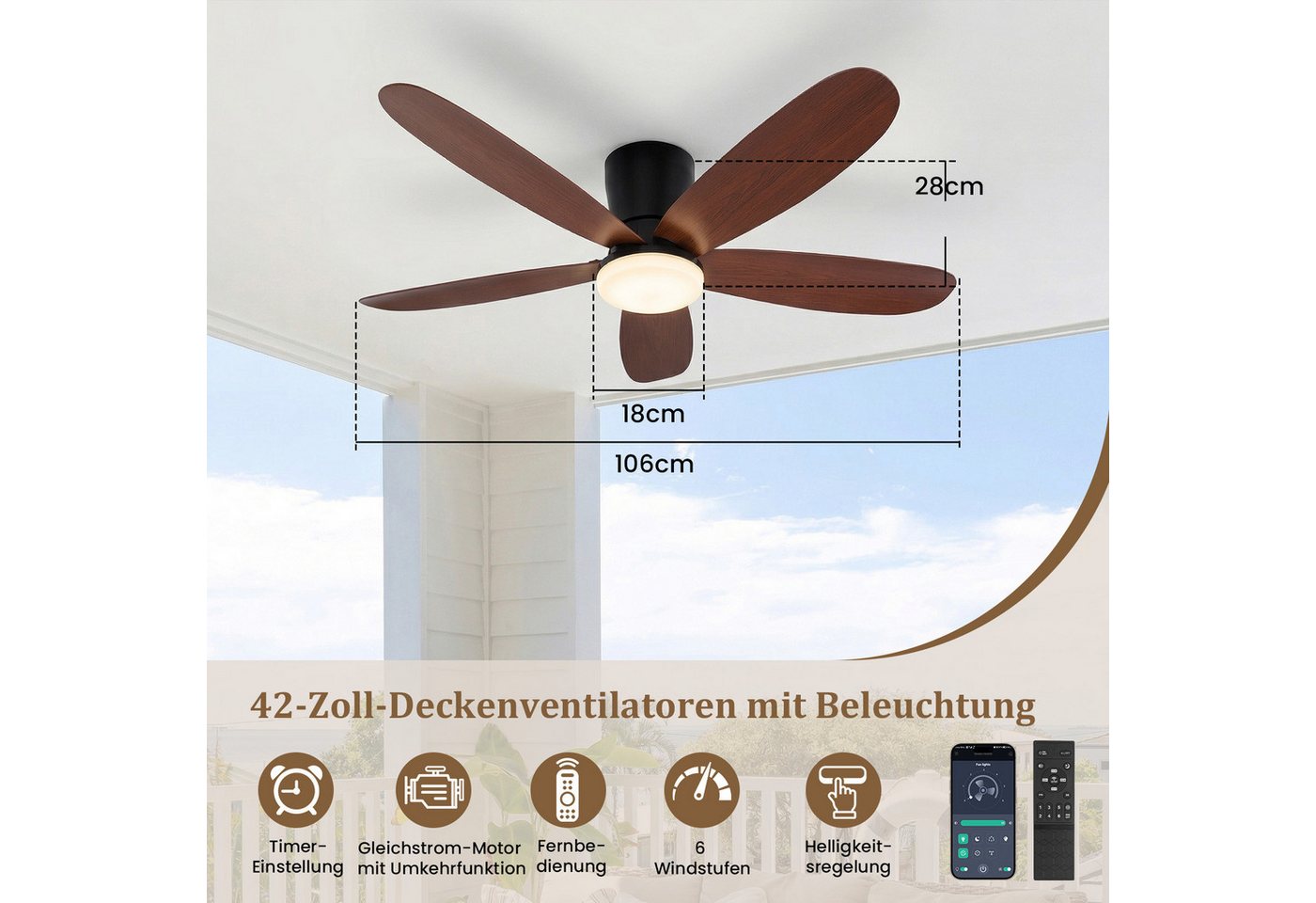 Rosnek Deckenventilator mit Beleuchtung, leiser DC-Motor, Fernbedienung & APP, reversibel, 106 cm, dimmbare LED mit 3 Lichtfarben, 6 Windstufen, für Schlafzimmer Bild 4