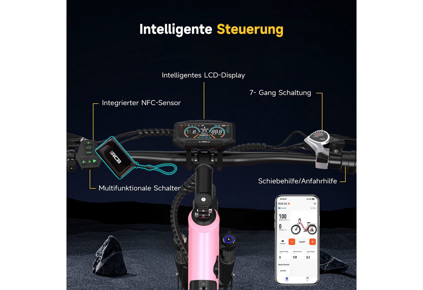 RCB E-Bike Pedelec G6 für Stadt und Gelände,27,5 Zoll Damen Elektrofahrrad,13Ah,80-120 km, 7 Gang, Kettenschaltung, Heckmotor, 468 Wh, APP&NFC, ebike Damen, Drehmomentsensor, max. Geschwindigkeit: 25 km/h Bild 5
