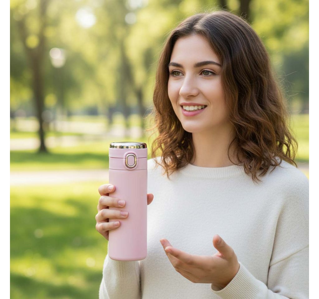 Ikonka Isolierflasche Thermal Mug LED Thermobecher Temperaturanzeige 420ml pink Edelstahl, LED Temperaturanzeige, doppelwandige Isolierung, Klickverschluss