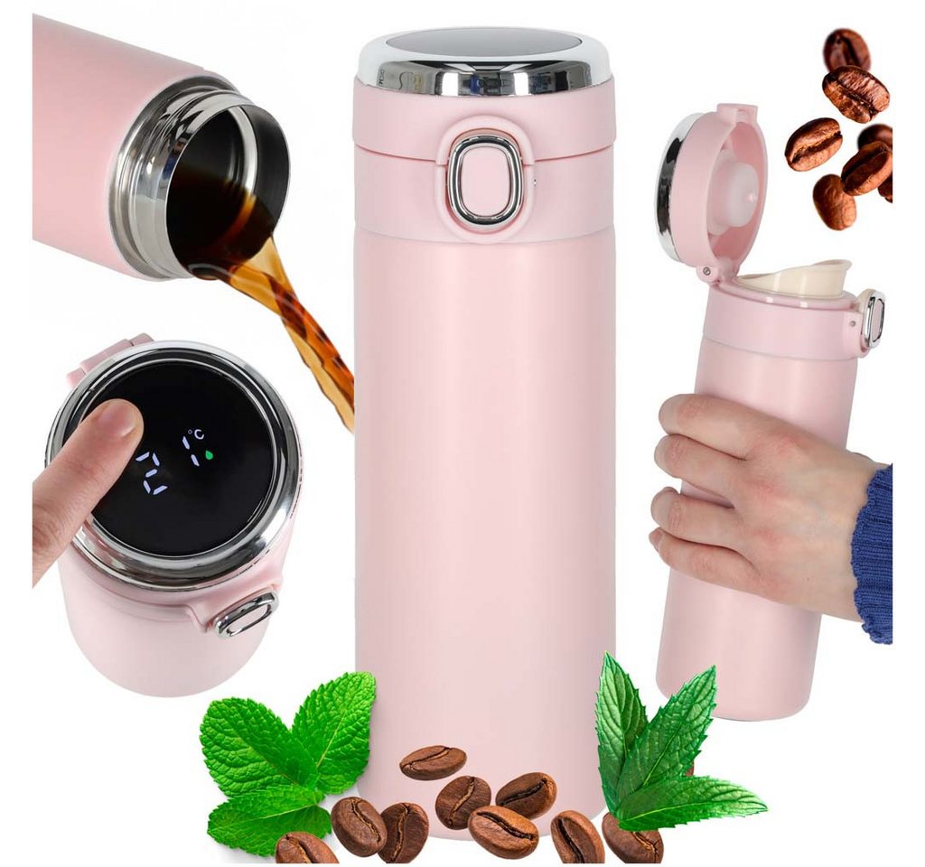 Ikonka Isolierflasche Thermal Mug LED Thermobecher Temperaturanzeige 420ml pink Edelstahl, LED Temperaturanzeige, doppelwandige Isolierung, Klickverschluss Bild 4