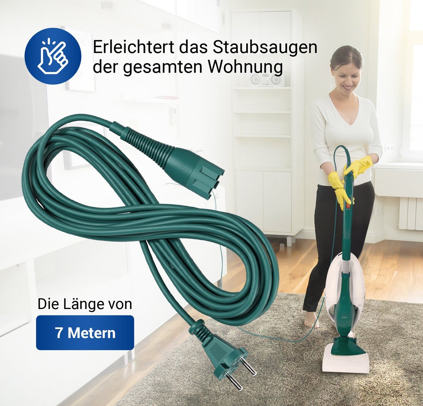 VIOKS Anschlusskabel Ersatz für Vorwerk Handstaubsauger Kobold VK130, VK131 Stromkabel, Konturenstecker, 7 m Bild 2
