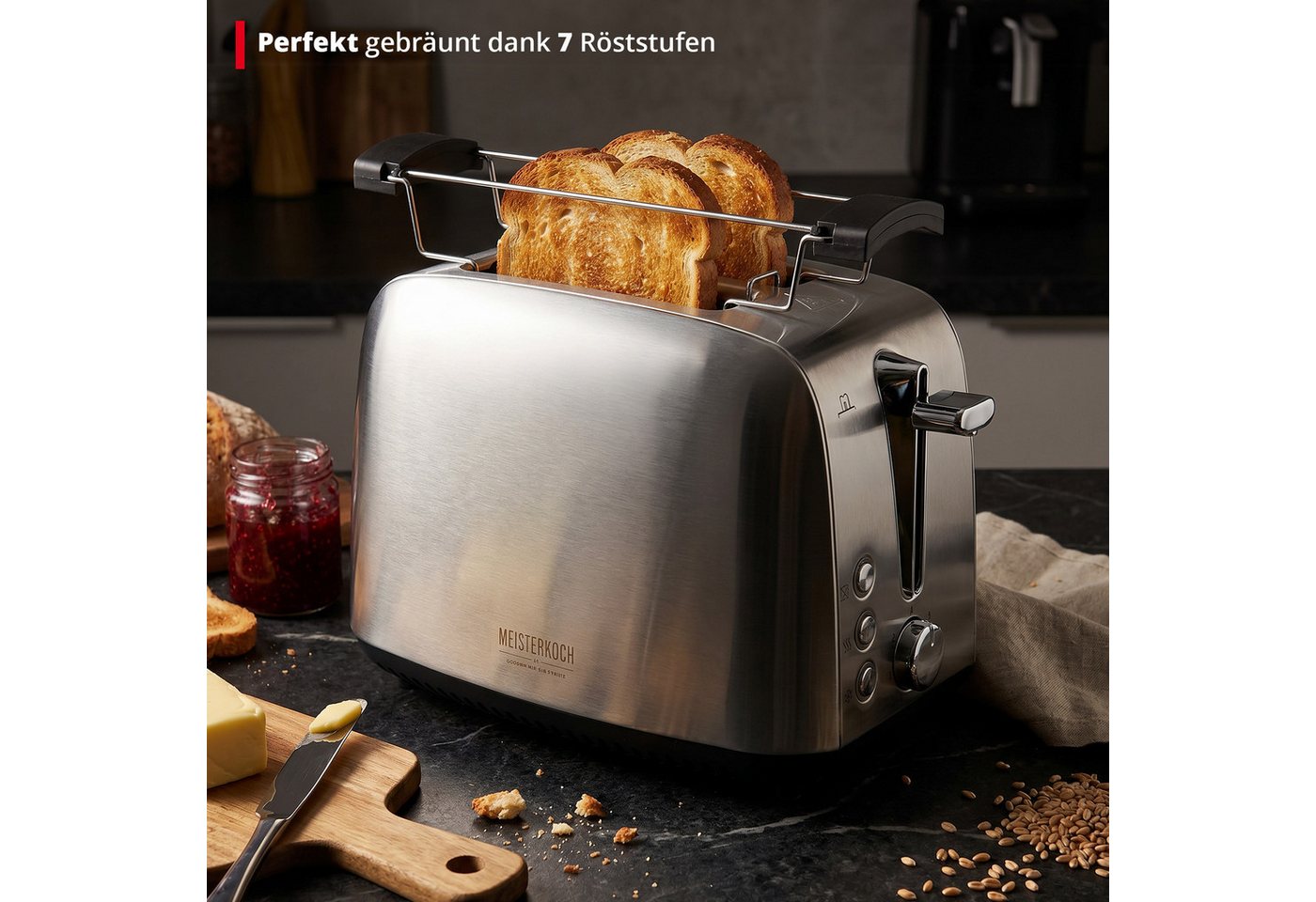 KHG Toaster 2-Scheiben-Toaster Edelstahl 925 W mit Brötchenaufsatz, 2 kurze Schlitze, für 2 Scheiben, 925 W, 7 Röststufen, Auftau- & Aufwärmfunktion, Krümelschublade