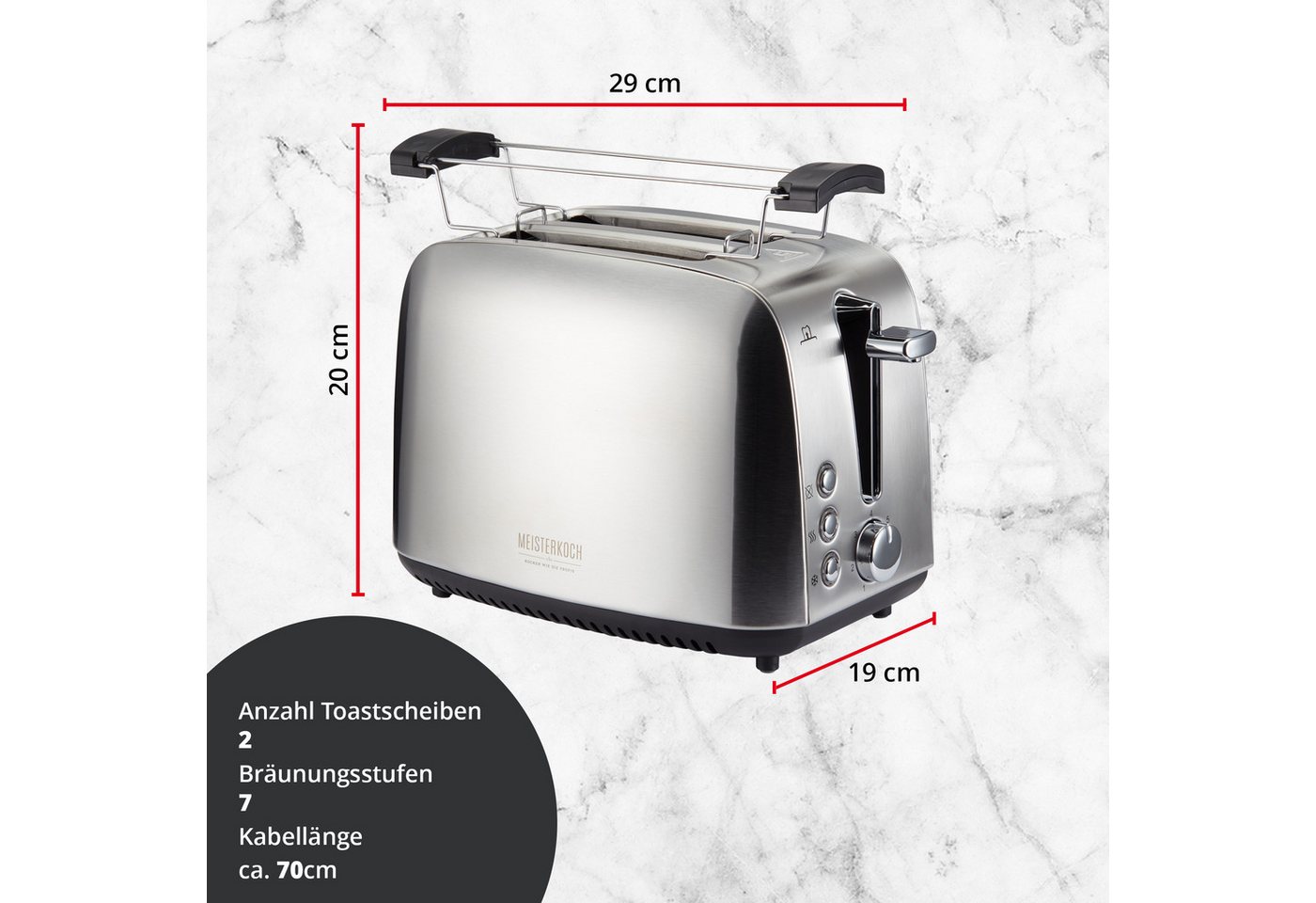 KHG Toaster 2-Scheiben-Toaster Edelstahl 925 W mit Brötchenaufsatz, 2 kurze Schlitze, für 2 Scheiben, 925 W, 7 Röststufen, Auftau- & Aufwärmfunktion, Krümelschublade Bild 3