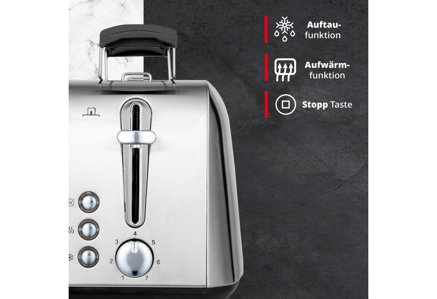 KHG Toaster 2-Scheiben-Toaster Edelstahl 925 W mit Brötchenaufsatz, 2 kurze Schlitze, für 2 Scheiben, 925 W, 7 Röststufen, Auftau- & Aufwärmfunktion, Krümelschublade Bild 4