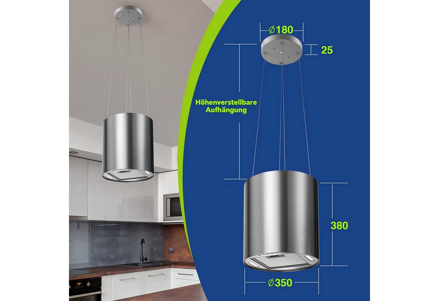 SNDOAS Inselhaube Dunstabzugshaube Umluft 35cm 700 m³/h mit Aktivkohlefilter, 3 Stufen Dunstabzugshaube Umluft 35cm 700 m³/h mit Aktivkohlefilter, 3 Stufen, 5 Minuten Nachlauf, LED-Licht für Moderne Inselhauben, A+ Bild 2