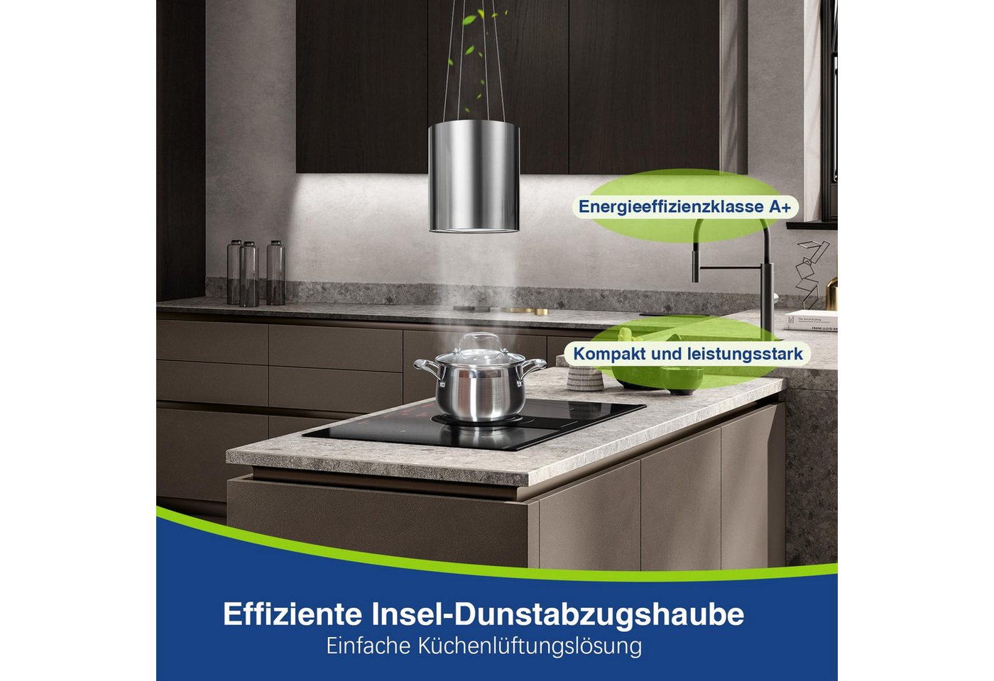 SNDOAS Inselhaube Dunstabzugshaube Umluft 35cm 700 m³/h mit Aktivkohlefilter, 3 Stufen Dunstabzugshaube Umluft 35cm 700 m³/h mit Aktivkohlefilter, 3 Stufen, 5 Minuten Nachlauf, LED-Licht für Moderne Inselhauben, A+ Bild 4