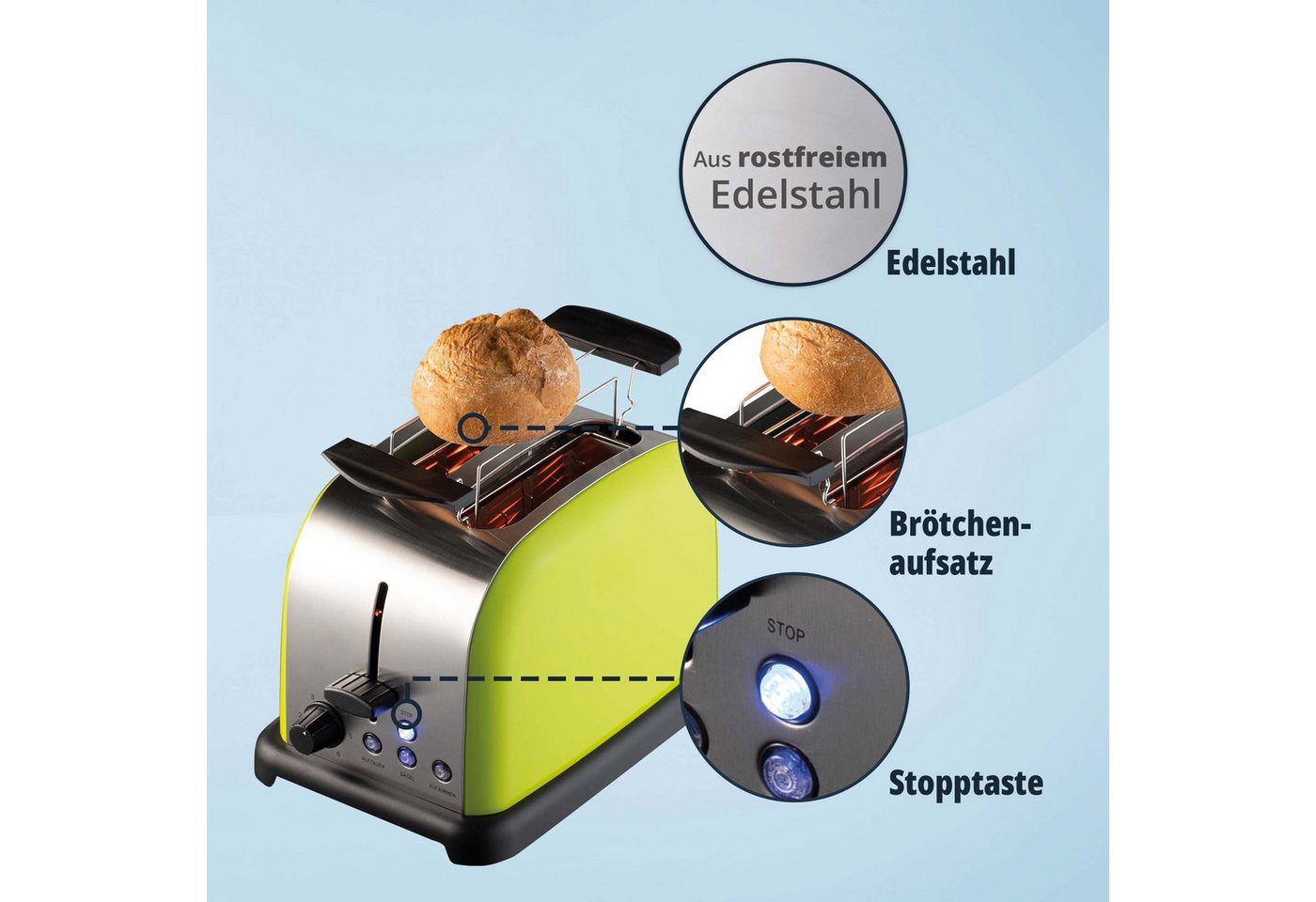 KHG Toaster Edelstahl, Auftau- und Aufwärmfunktion, 6 Bräunungsstufen, 2 kurze Schlitze, für 2 Scheiben, 1000 W, Brötchenaufsatz, Krümelschublade, Bagel-Funktion