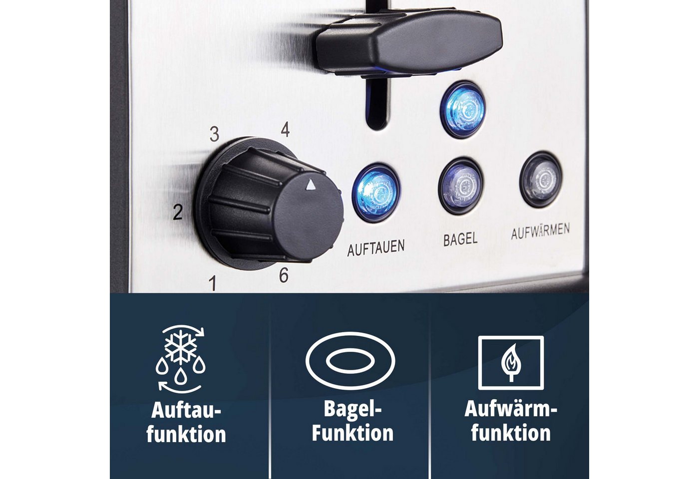 KHG Toaster Edelstahl, Auftau- und Aufwärmfunktion, 6 Bräunungsstufen, 2 kurze Schlitze, für 2 Scheiben, 1000 W, Brötchenaufsatz, Krümelschublade, Bagel-Funktion Bild 4