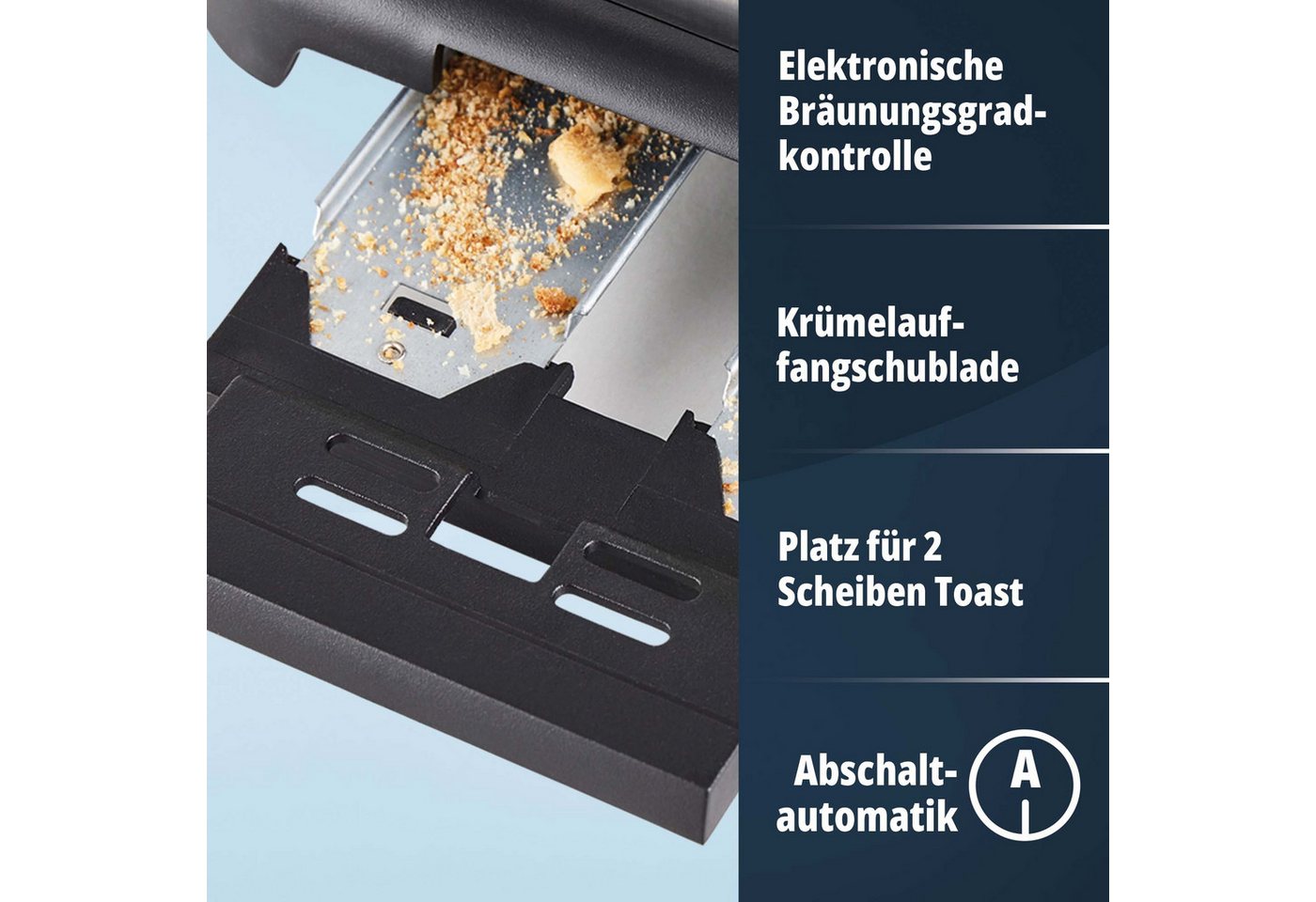 KHG Toaster Edelstahl, Auftau- und Aufwärmfunktion, 6 Bräunungsstufen, 2 kurze Schlitze, für 2 Scheiben, 1000 W, Brötchenaufsatz, Krümelschublade, Bagel-Funktion Bild 5