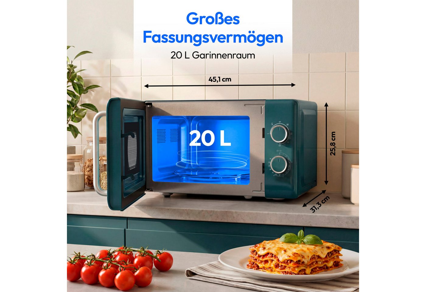 Medion® Mikrowelle MD100119, Grill und Heißluft, 20 l, 800W Leistung,5 Mikrowellenstufen, Auftaufunktion, Retro-Design