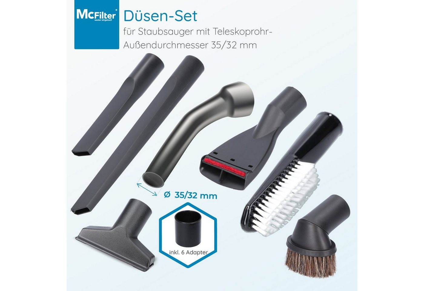 McFilter Staubsaugerdüsen-Set 12-teiliges Düsenset, Zubehör für Siemens VSQ4G332 Q 4.0 Silence Power Allergy, (12-tlg), 2 Polsterdüsen & 2 Fugendüsen, 1 Saugbürste, 1 Saugpinsel, 6 Adapter Bild 2