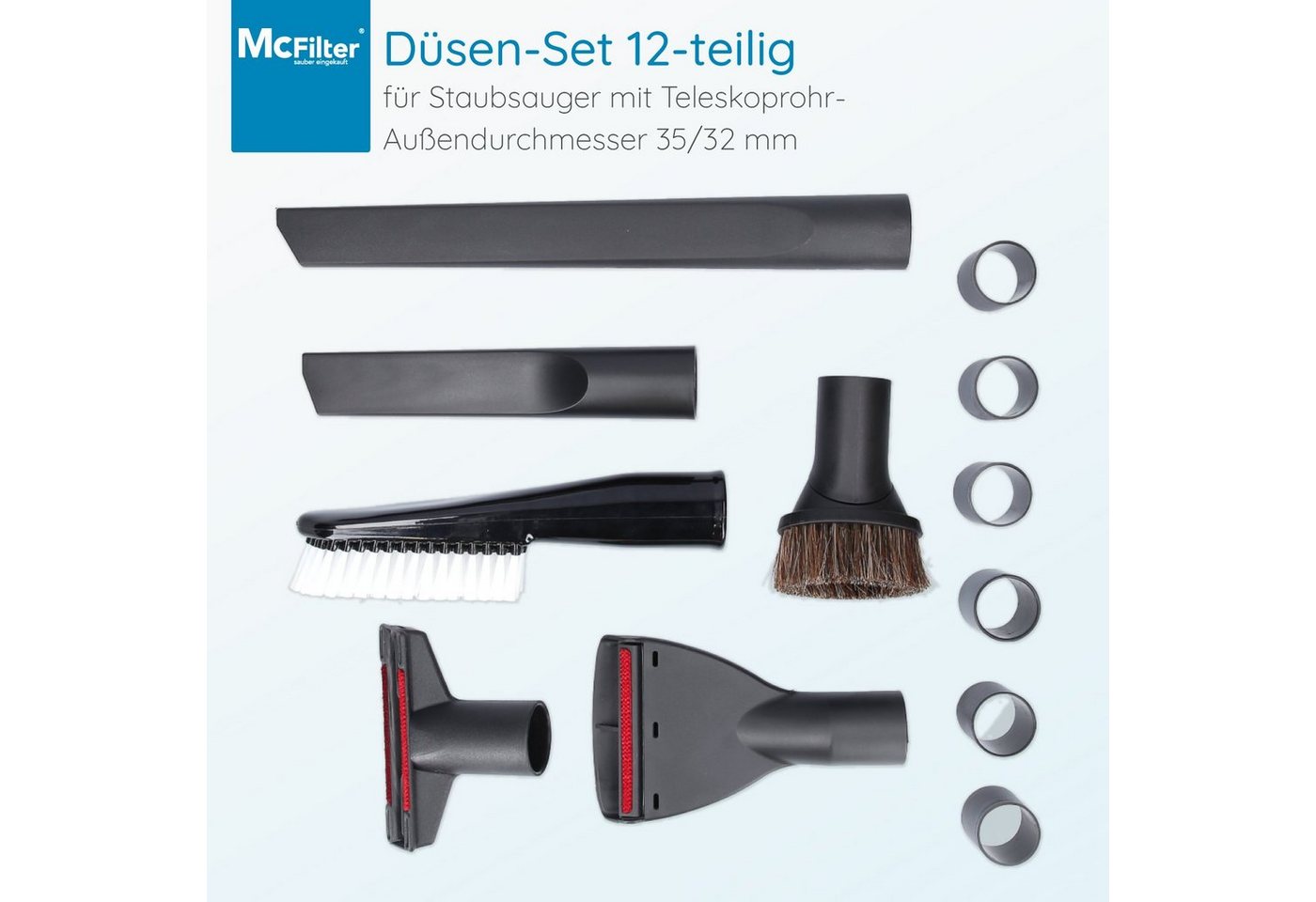 McFilter Staubsaugerdüsen-Set 12-teiliges Düsenset, Zubehör für Siemens VSQ4G332 Q 4.0 Silence Power Allergy, (12-tlg), 2 Polsterdüsen & 2 Fugendüsen, 1 Saugbürste, 1 Saugpinsel, 6 Adapter Bild 3