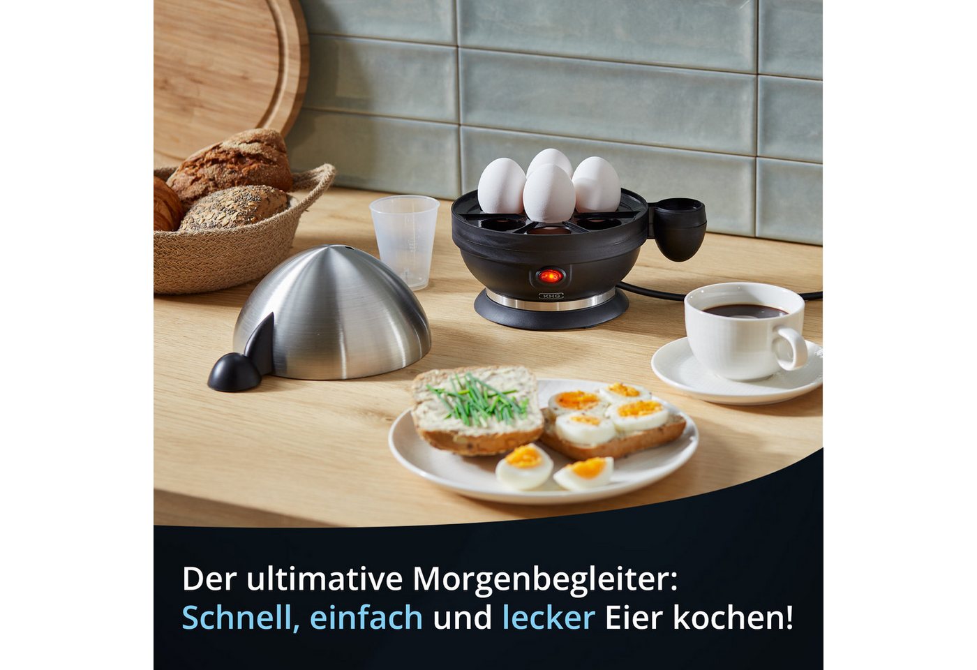 KHG Eierkocher Edelstahl, für bis zu 7 Eier, inkl. Messbecher mit Nadel, Anzahl Eier: 7 St., 380 W, Edelstahlheizplatte, Kabelfach auf der Unterseite