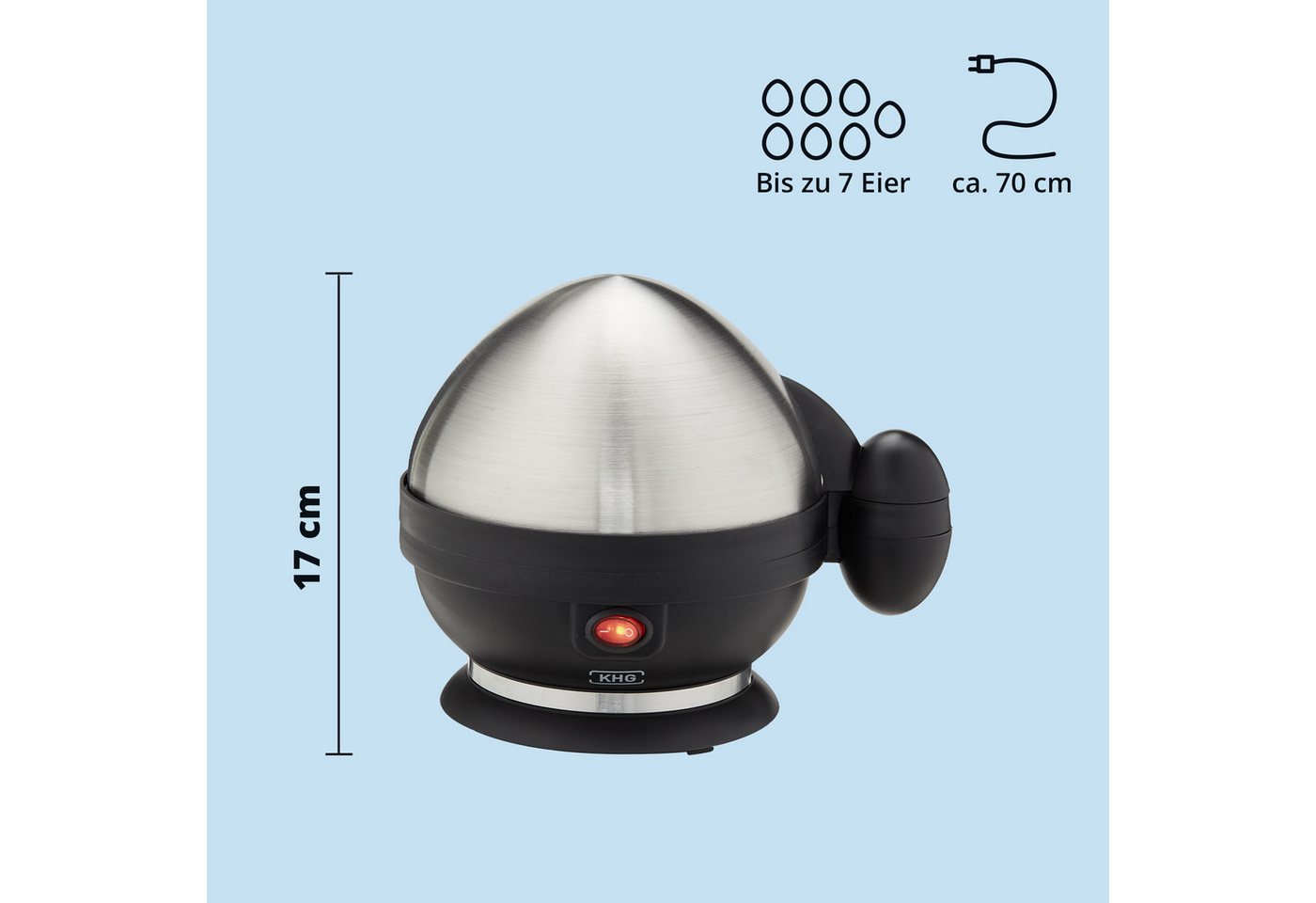 KHG Eierkocher Edelstahl, für bis zu 7 Eier, inkl. Messbecher mit Nadel, Anzahl Eier: 7 St., 380 W, Edelstahlheizplatte, Kabelfach auf der Unterseite Bild 2