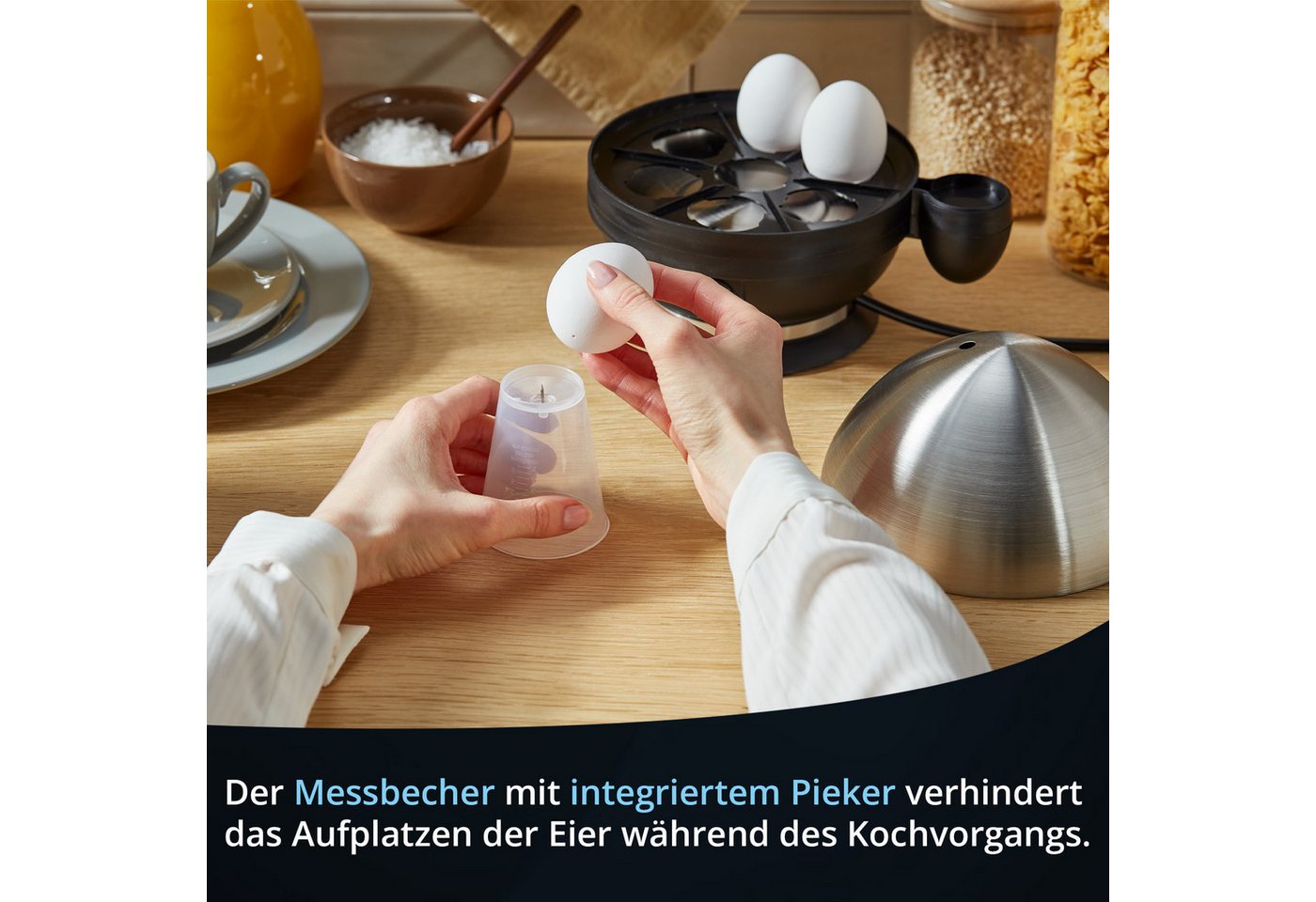 KHG Eierkocher Edelstahl, für bis zu 7 Eier, inkl. Messbecher mit Nadel, Anzahl Eier: 7 St., 380 W, Edelstahlheizplatte, Kabelfach auf der Unterseite Bild 4