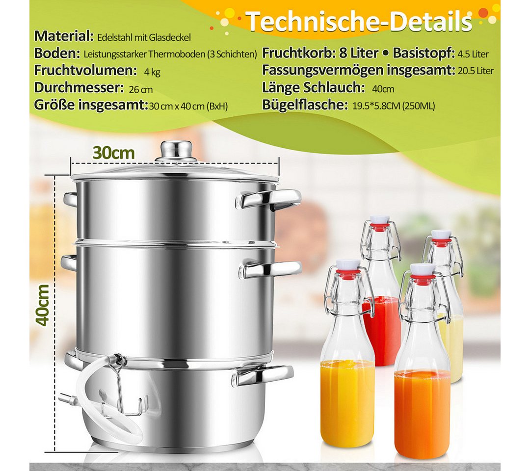 Clanmacy Entsafter Dampfentsafter aus Edelstahl 8L Fruchtentsafter & Saftkocher Ø 26 cm