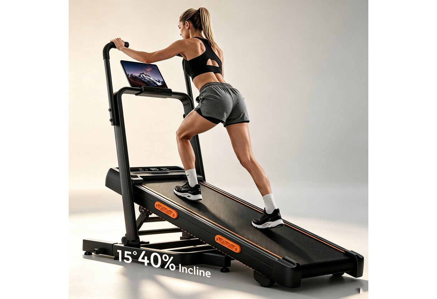 BAYMATE Laufband 12 voreingestellte Programme Für Zuhause (130 cm extra lange Handläufe für mehr Stabilität, für mehr Stabilität, platzsparendes 15 cm Design), leiser Betrieb, perfekt für Homeoffice, 40 % Steigung, 12 km/h Bild 5