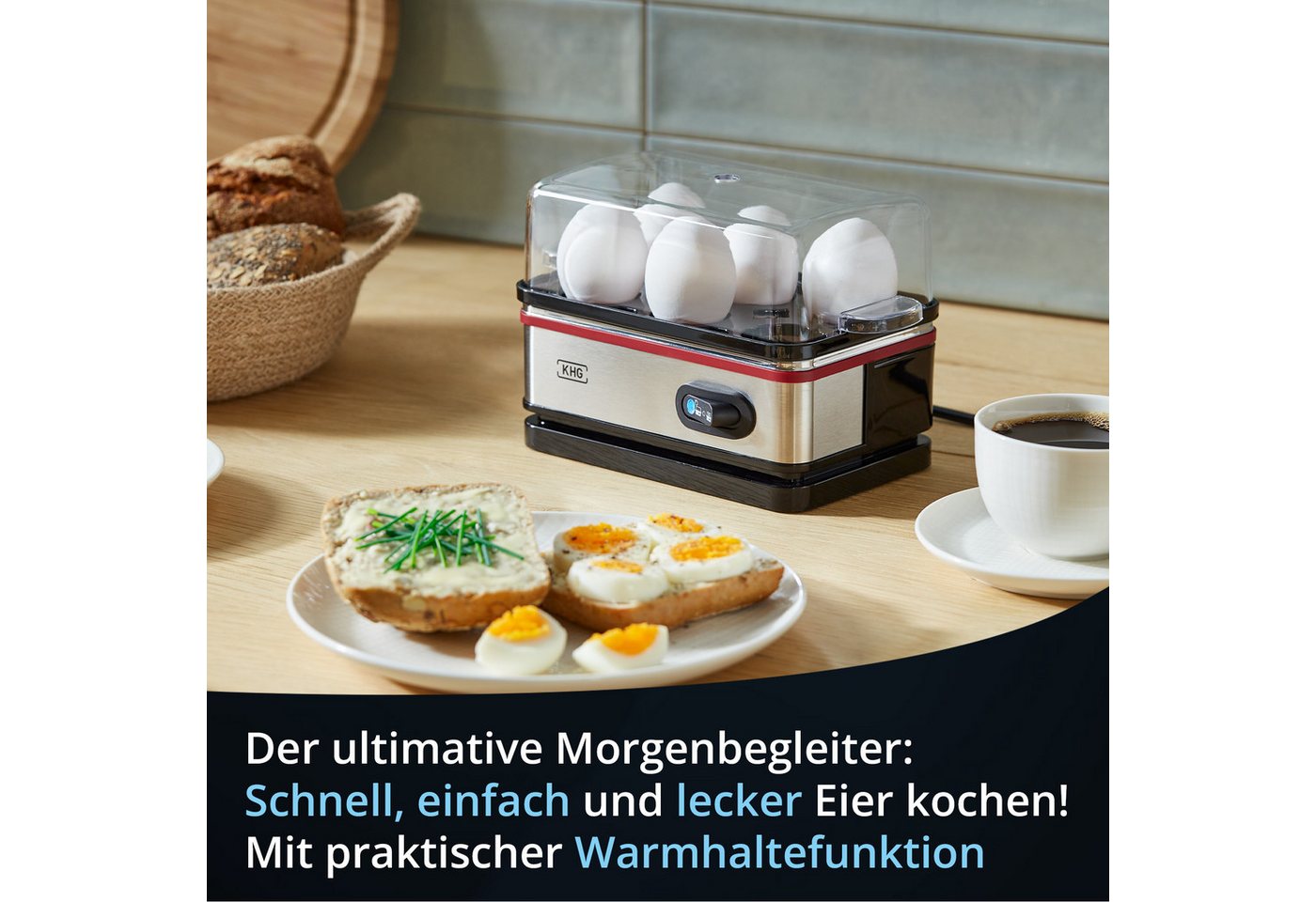 KHG Eierkocher Edelstahl, Warmhaltefunktion, inkl. Messbecher mit Nadel, Anzahl Eier: 6 St., 400 W, Aluminiumheizplatte, Kabelfach auf der Unterseite