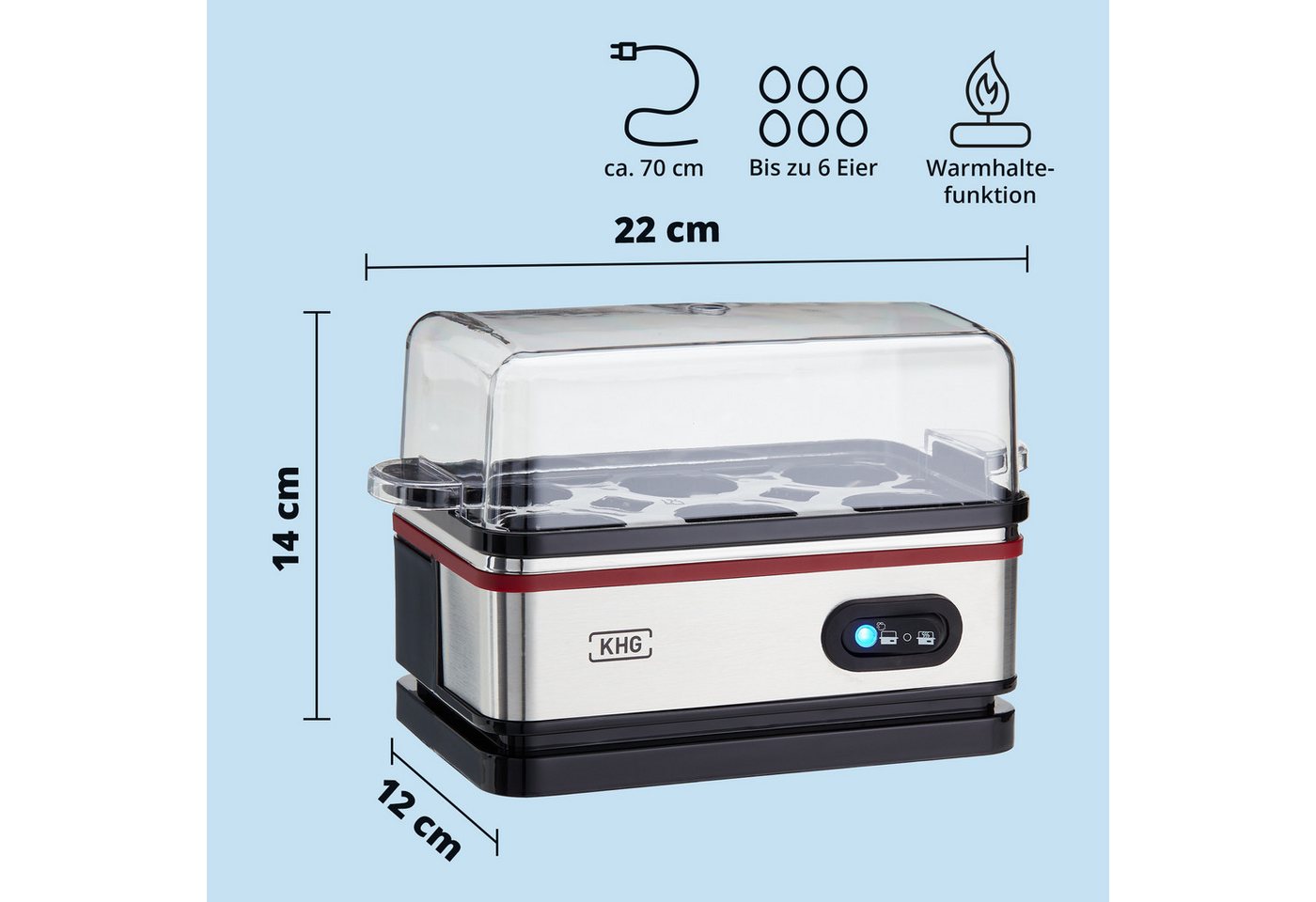 KHG Eierkocher Edelstahl, Warmhaltefunktion, inkl. Messbecher mit Nadel, Anzahl Eier: 6 St., 400 W, Aluminiumheizplatte, Kabelfach auf der Unterseite Bild 2