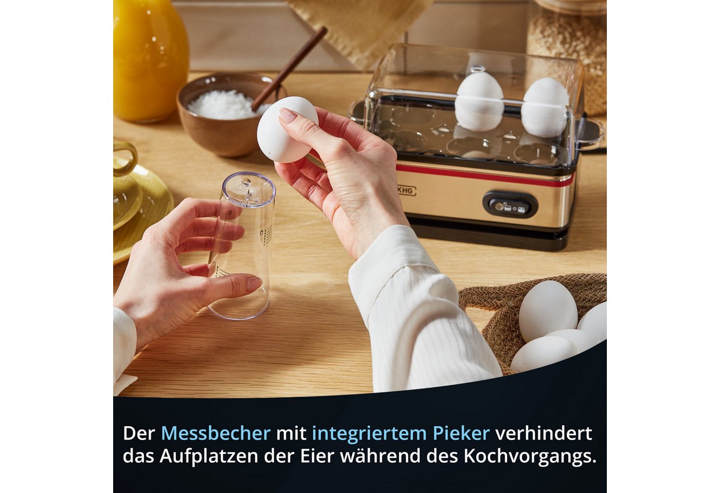 KHG Eierkocher Edelstahl, Warmhaltefunktion, inkl. Messbecher mit Nadel, Anzahl Eier: 6 St., 400 W, Aluminiumheizplatte, Kabelfach auf der Unterseite Bild 4
