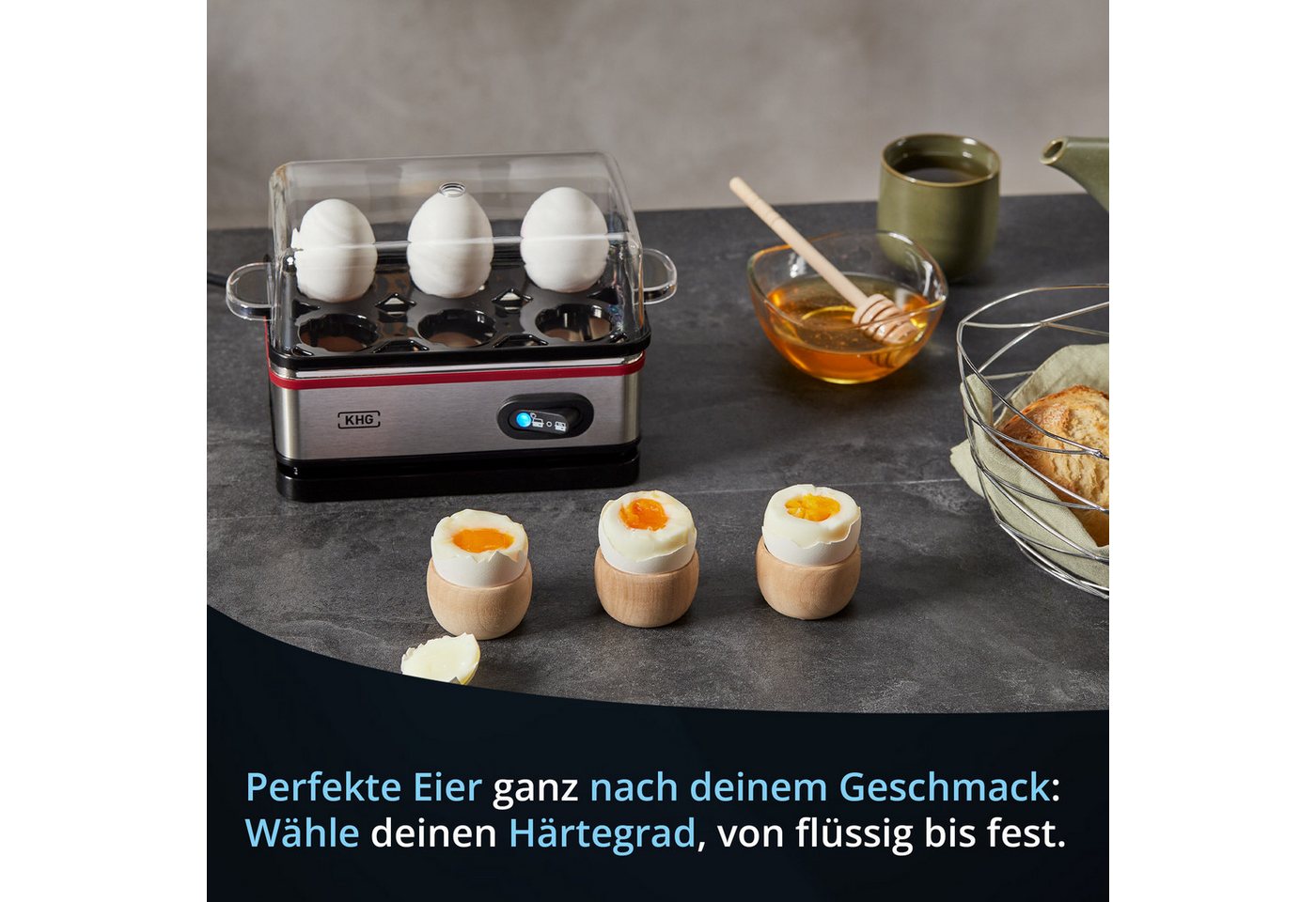 KHG Eierkocher Edelstahl, Warmhaltefunktion, inkl. Messbecher mit Nadel, Anzahl Eier: 6 St., 400 W, Aluminiumheizplatte, Kabelfach auf der Unterseite Bild 5